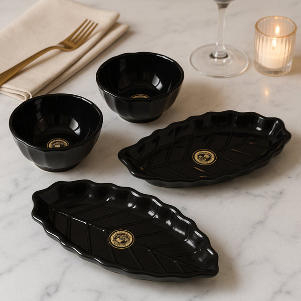 Ertiga Round Ceramic Bowl With Plastic leaf shape Serving platter Portable, Lightweight Breakfast, Serving Bowl | Highly Durable Material | Ideal for Rice, Pasta, Desserts Home & Kitchen Serving Bowl & platter (4 Pcs set)